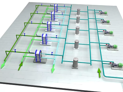 Industrial Equipment Piping System Layout With Pumps Motors And Directional Arrows 3d model