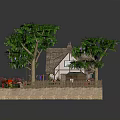 Cartoon Scene of Thatched Cottage with Lush Trees Colorful Flowers and Garden Pathway