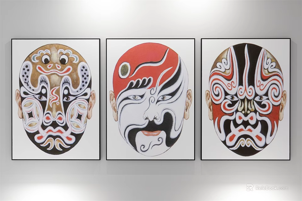 Traditional Decorative Peking Opera Masks in Black Frames Hanging on White Wall 3d model