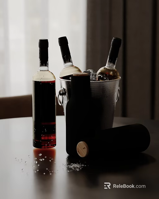 Elegant Decorative Accessory Set With Wine Bottles Ice Bucket And Ice Cubes On Table 3d model