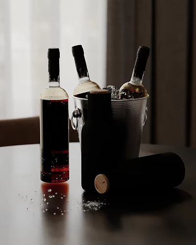 Elegant Decorative Accessory Set With Wine Bottles Ice Bucket And Ice Cubes On Table 3d model