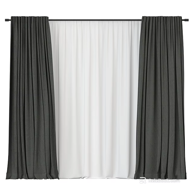 Modern Pleated Black And White Layered Curtains For Living Room Window Decor 3d model 