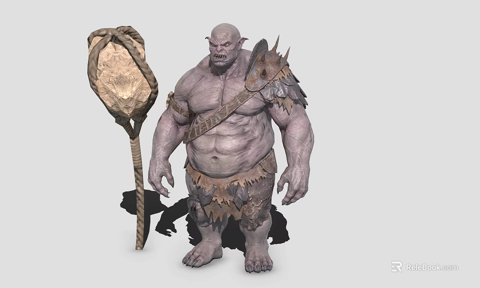 Giant Orc Game Movie Character With Muscular Build Horned Head And Net Staff 3d model 