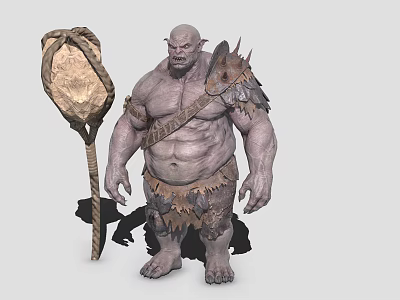 Giant Orc Game Movie Character With Muscular Build Horned Head And Net Staff 3d model