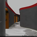 Modern Hotel Corridor With Curved Gray Walls Red Accent Lines And Plant Decor