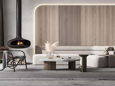 Modern Living Room Interior With Sofa Coffee Table Set Wooden Wall Fireplace And Pampas Grass 3d model