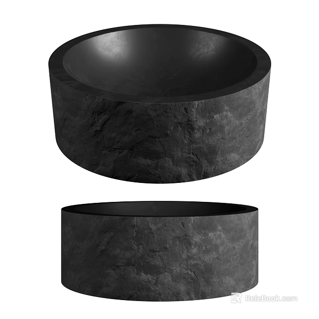 Modern Black Stone Washbasin With Textured Surface Cylindrical Base And Bowl Shaped Design 3d model 