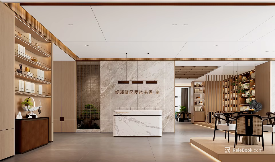 Modern Reception Hall Interior Design With Marble Reception Desk Wooden Shelves And Green Plants 3d model 