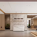 Modern Reception Hall Interior Design With Marble Reception Desk Wooden Shelves And Green Plants