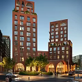 Modern Multi Story Office Building with Red Brick Arched Windows in Urban Setting and Trees
