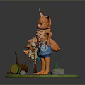 3D Orange Fox Game Character With Blue Shorts Green Base And Wood Log Skeleton Stones