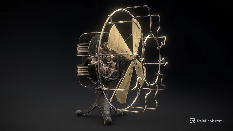 Vintage Mechanical Fan With Metal Frame Brass Blades And Ornate Base 3d model 