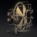 Vintage Mechanical Fan With Metal Frame Brass Blades And Ornate Base