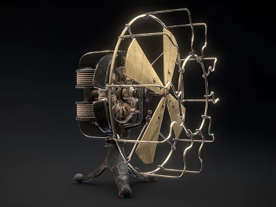 Vintage Mechanical Fan With Metal Frame Brass Blades And Ornate Base 3d model