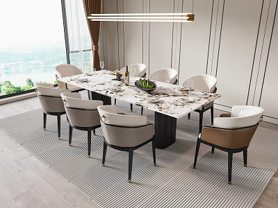 Modern Upholstered Dining Chairs With Beige Brown Black Legs Marble Table And Window View 3d model