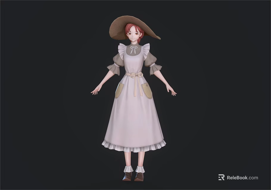 Child Wearing White Dress with Lace Trim Puffed Sleeves Wide Brimmed Straw Hat Red Hair 3d model 