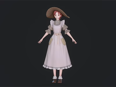 Child Wearing White Dress with Lace Trim Puffed Sleeves Wide Brimmed Straw Hat Red Hair 3d model