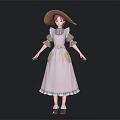Child Wearing White Dress with Lace Trim Puffed Sleeves Wide Brimmed Straw Hat Red Hair