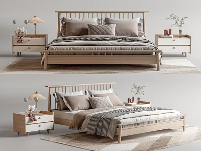 Modern Wooden Double Bed With Bedside Tables Table Lamps Pillows And Rug 3d model