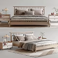 Modern Wooden Double Bed With Bedside Tables Table Lamps Pillows And Rug