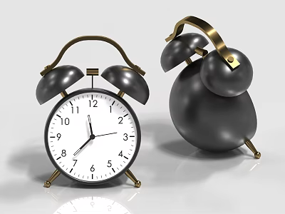 Classic Metal Alarm Clock With Double Bells And White Dial Standing On Reflective Surface 3d model