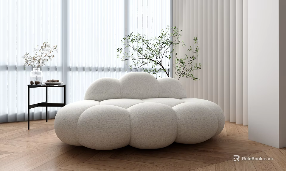 Cloud Shaped Irregular Sofa in Modern Room with Wooden Floor White Curtains and Green Plant 3d model 