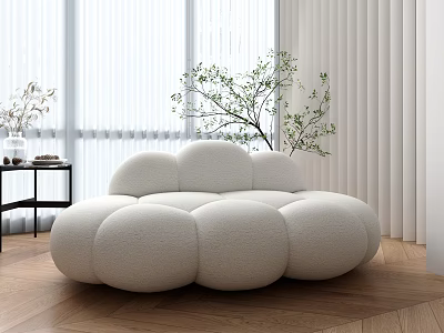 Cloud Shaped Irregular Sofa in Modern Room with Wooden Floor White Curtains and Green Plant 3d model