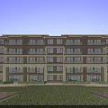 Modern Residential Building Exterior with Balconies Glass Windows Green Lawn and Cherry Blossoms