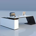Modern Office Desk With White Surface Black Chair And Laptop Accessories
