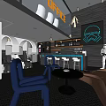 Modern Hotel Lobby With Blue Chairs Round Table Bar Counter Brown Sofa And Neon Sign