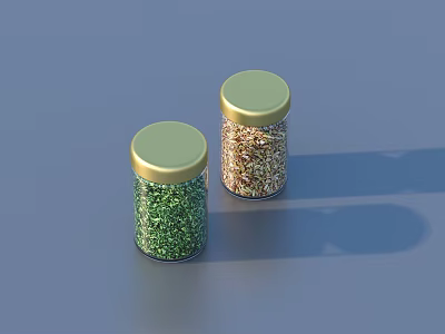 Two Spice Jars With Green And Gold Contents And Golden Lids On Blue Background 3d model