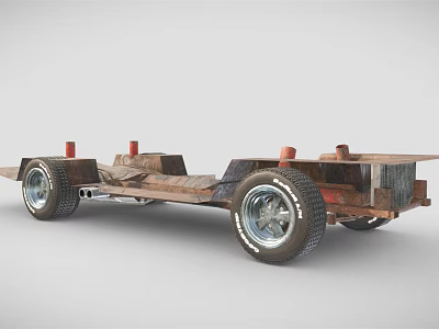 Rusty Car Chassis With Metal Frame Chrome Wheels And Suspension Parts 3d model