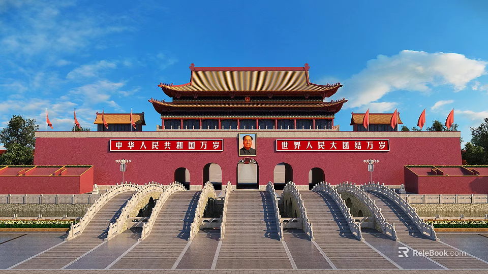 Tiananmen Ancient Architecture With Red Walls And Traditional Roof Under Blue Sky 3d model 