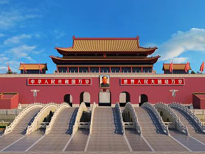 Tiananmen Ancient Architecture With Red Walls And Traditional Roof Under Blue Sky 3d model