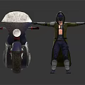 Hooded Action Figure With Arms Outstretched Next To Blue Motorcycle Red Wheels White Front