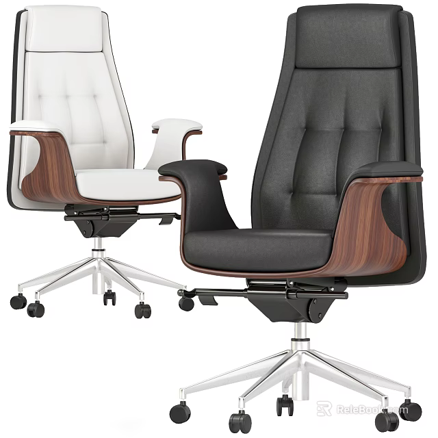 Ergonomic Office Chair White And Black Leather Upholstery With Wooden Armrests Swivel Base 3d model 