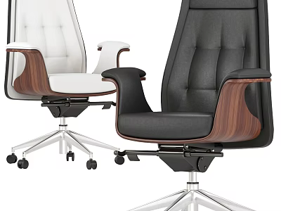 Ergonomic Office Chair White And Black Leather Upholstery With Wooden Armrests Swivel Base 3d model