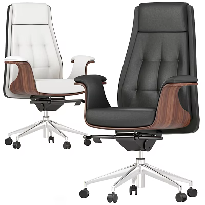 Ergonomic Office Chair White And Black Leather Upholstery With Wooden Armrests Swivel Base 3d model