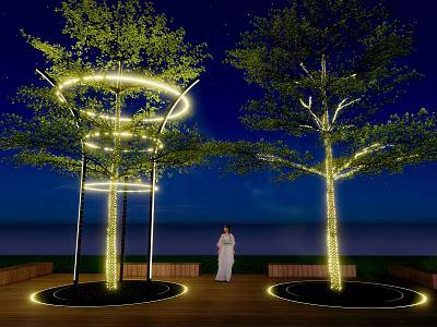 Illuminated Arbor Trees With Circular Lights On Night Wooden Deck And Person In White Dress 3d model