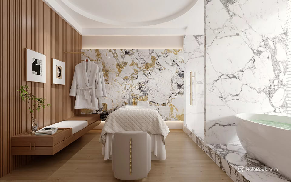 Elegant Beauty Spa Room With Wooden Walls Marble Decor Treatment Bed Robe And Green Plant 3d model 