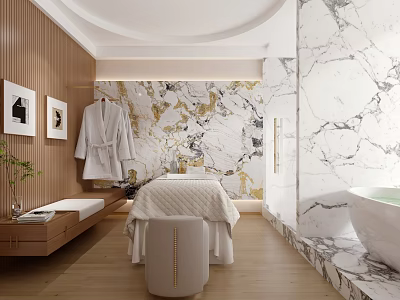Elegant Beauty Spa Room With Wooden Walls Marble Decor Treatment Bed Robe And Green Plant 3d model