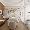 Elegant Beauty Spa Room With Wooden Walls Marble Decor Treatment Bed Robe And Green Plant