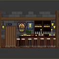 Rustic Bar Interior With Wooden Counter Stools Brick Walls And Bottle Shelves