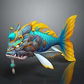 Ornate Mythical Aquatic Fish With Blue Gray Body Yellow Fins Tail Dragon Horns White Whiskers
