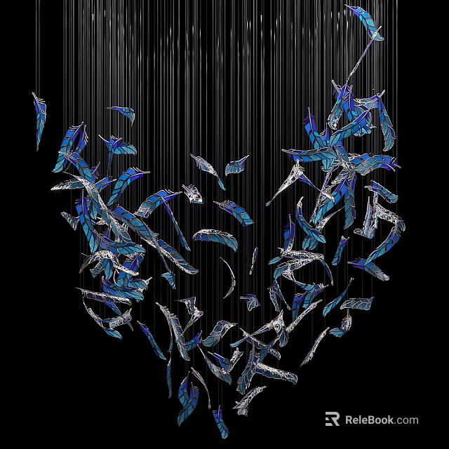 Stylish Chandelier With Blue And Transparent Featherlike Decorations Hanging On Black Background 3d model 