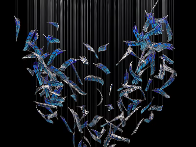 Stylish Chandelier With Blue And Transparent Featherlike Decorations Hanging On Black Background 3d model