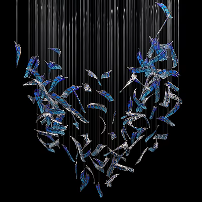 Stylish Chandelier With Blue And Transparent Featherlike Decorations Hanging On Black Background 3d model