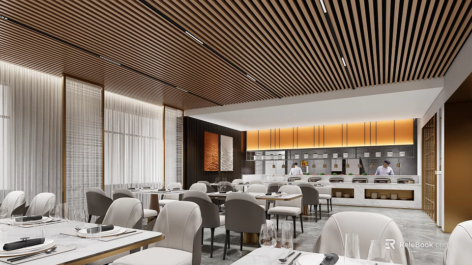 Modern Elegant Restaurant Interior With Open Kitchen Wooden Ceiling White Seats And Marble Dining Tables 3d model 