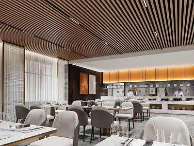 Modern Elegant Restaurant Interior With Open Kitchen Wooden Ceiling White Seats And Marble Dining Tables 3d model