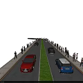 Many People Walking Along Urban Road With Cars On Lanes And Green Median
